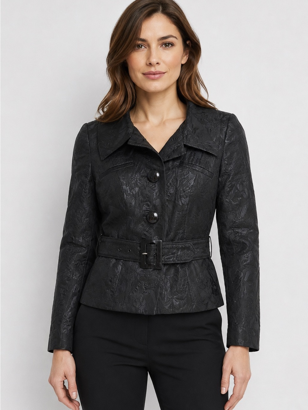 RIANI Black Jacquard Belted Cropped Blazer Jacket Women’s Size 8